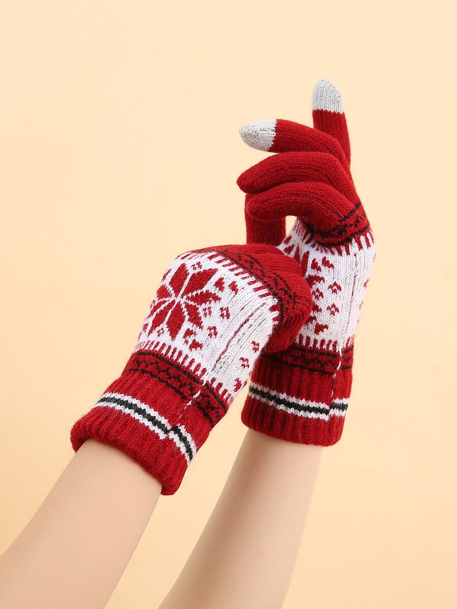 Color Block Geometric Pattern Gloves - Red - View 1