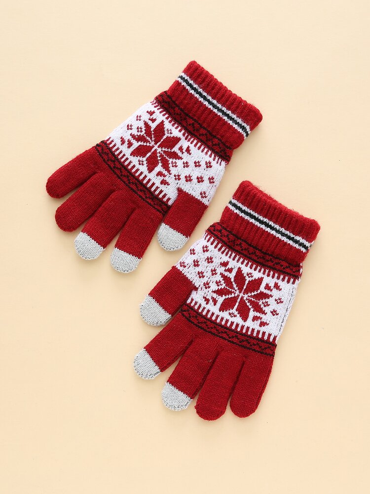 Color Block Geometric Pattern Gloves - Red - View 2
