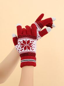 Color Block Geometric Pattern Gloves - Red - View 3