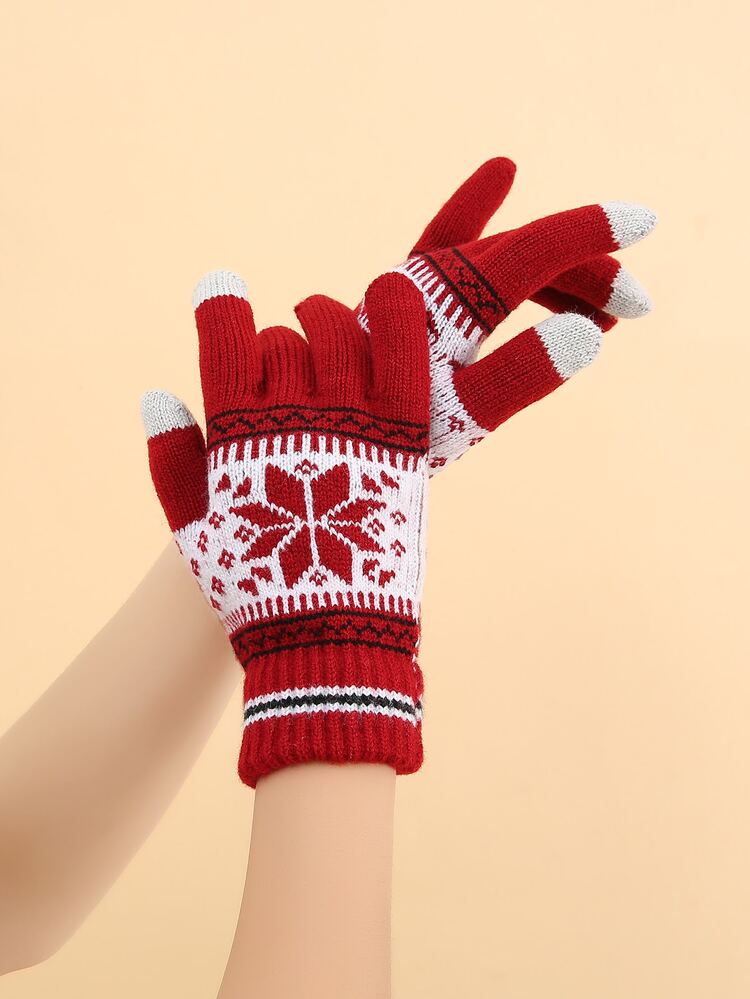 Color Block Geometric Pattern Gloves - Red - View 3