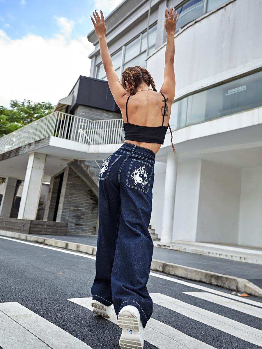 SHEIN ICON High Waist Yin & Yang Print Wide Jeans - Dark Wash - View 1