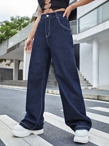 SHEIN ICON High Waist Yin & Yang Print Wide Jeans - Dark Wash - View 4