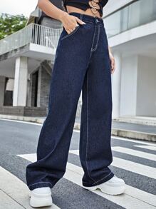 SHEIN ICON High Waist Yin & Yang Print Wide Jeans - Dark Wash - View 6