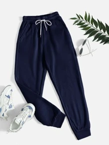 SHEIN PETITE Slant Pocket Drawstring Joggers - Navy Blue - View 1