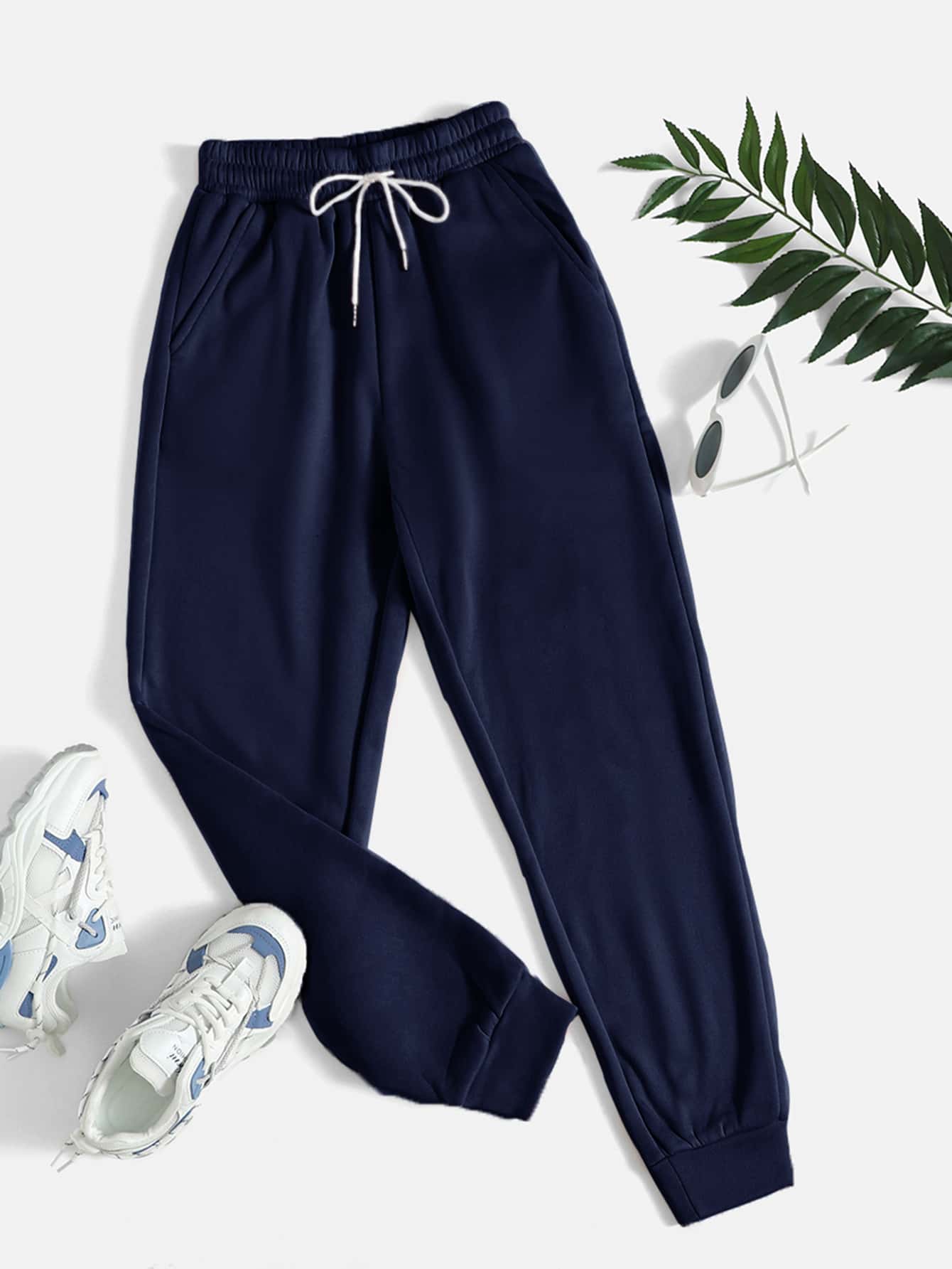 SHEIN PETITE Slant Pocket Drawstring Joggers - Navy Blue - View 1