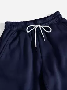 SHEIN PETITE Slant Pocket Drawstring Joggers - Navy Blue - View 3