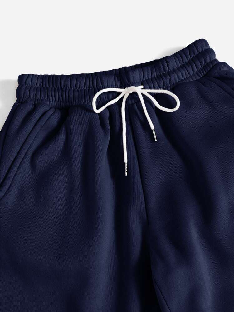 SHEIN PETITE Slant Pocket Drawstring Sweatpants - Navy Blue - View 3