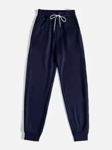 SHEIN PETITE Slant Pocket Drawstring Joggers - Navy Blue - View 4
