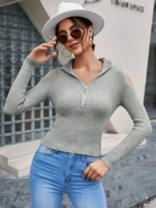 SHEIN Privé 挖肩半拉鏈套頭毛衣 - 灰色 - 查看 3