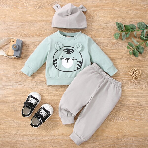 

Baby Cartoon Graphic 3D Ears Design Pullover & Pants & Hat, Multicolor
