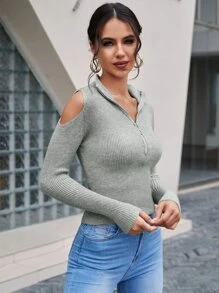 SHEIN Privé 挖肩半拉鏈套頭毛衣 - 灰色 - 查看 5