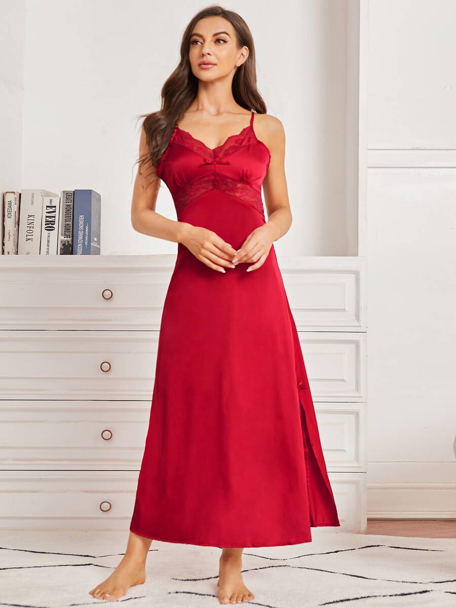 SHEIN 蕾絲細節露背交叉吊帶睡裙 - 紅色 - 查看 1