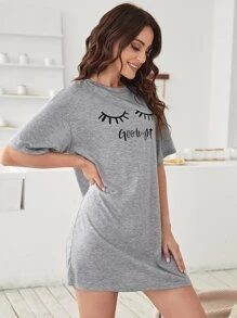 口号与睫毛印花落肩睡衣睡裙 - 淺灰色 - 查看 3