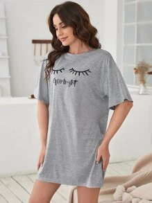 口号与睫毛印花落肩睡衣睡裙 - 淺灰色 - 查看 4