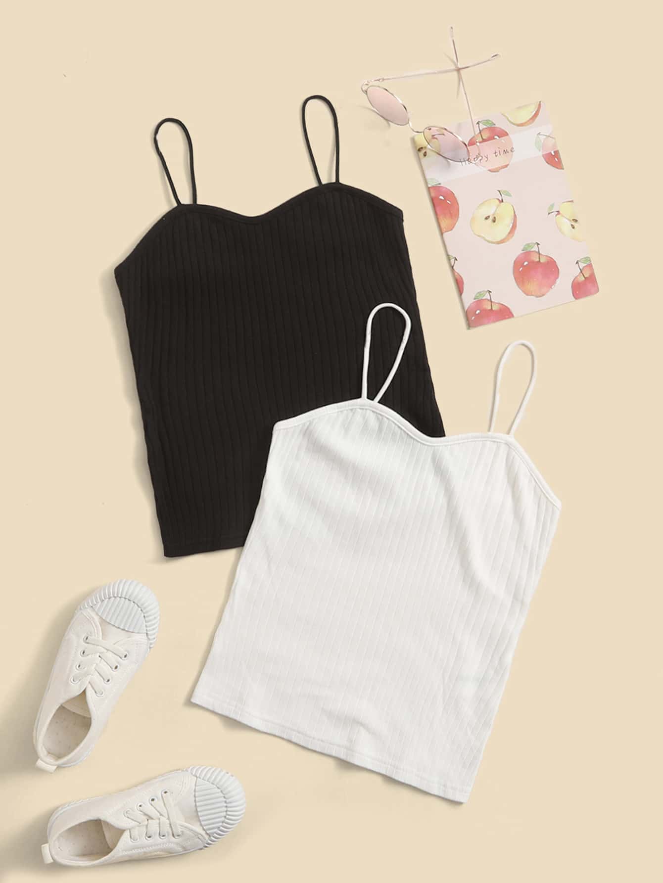 SHEIN Tank Tops & Camis Bé Gái Gân đan màu trơn Giải trí - Đen và trắng - Xem 1