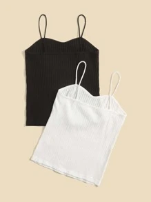 SHEIN Tank Tops & Camis Bé Gái Gân đan màu trơn Giải trí - Đen và trắng - Xem 2