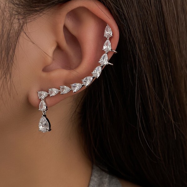 

1pc Water-drop Zircon Decor Earring, Silver