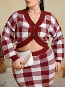 SHEIN Essnce Plus Buffalo Plaid Pattern Drop Shoulder Cardigan - Red and White - View 1