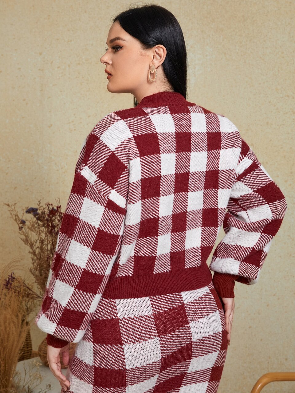 Plus Buffalo Plaid Pattern Drop Shoulder Cardigan Fall/Winter