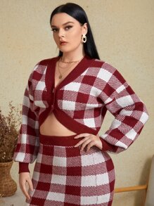 SHEIN Essnce Plus Buffalo Plaid Pattern Drop Shoulder Cardigan - Red and White - View 4