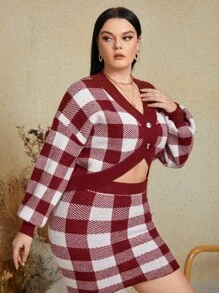 SHEIN Essnce Plus Buffalo Plaid Pattern Drop Shoulder Cardigan - Red and White - View 5