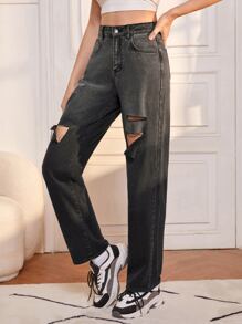 SHEIN 高腰漸層破洞牛仔褲 - 深灰色 - 查看 1