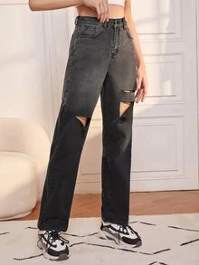 SHEIN 高腰漸層破洞牛仔褲 - 深灰色 - 查看 4