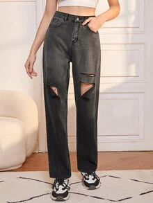 SHEIN 高腰漸層破洞牛仔褲 - 深灰色 - 查看 5