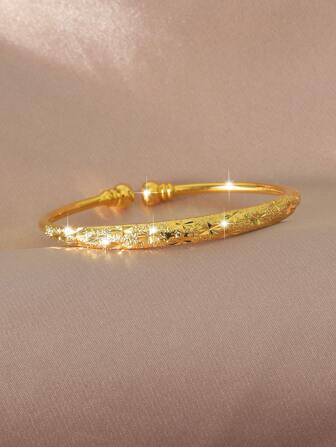 1pc Elegant Gold Plated Adjustable Bangle With Sparkling Starry Beads, Suitable For Women's Daily Wear And Gift