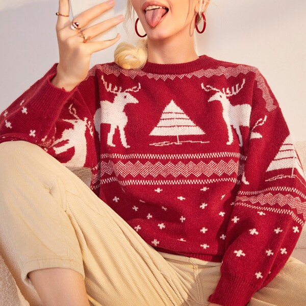 

Christmas Elk Pattern Drop Shoulder Sweater, Burgundy