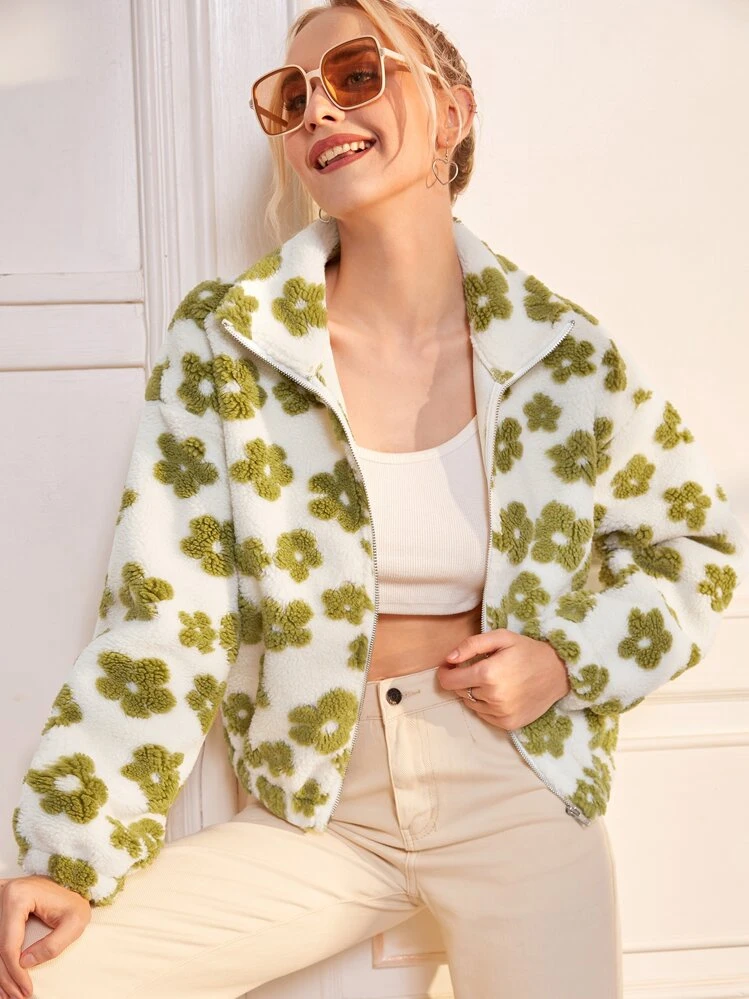 SHEIN 花柄 ドロップショルダー ファスナー ボアジャケット | SHEIN JAPAN