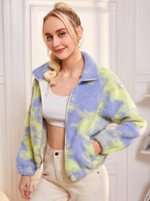 SHEIN Tie Dye Drop Shoulder Zipper Teddy Jacket - Multicolor - View 1