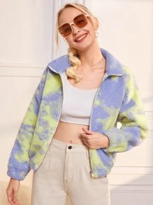 SHEIN Tie Dye Drop Shoulder Zipper Teddy Jacket - Multicolor - View 3