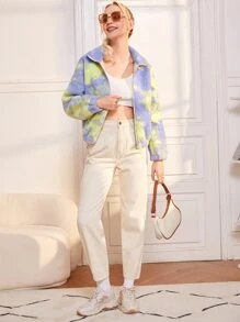 SHEIN Tie Dye Drop Shoulder Zipper Teddy Jacket - Multicolor - View 4