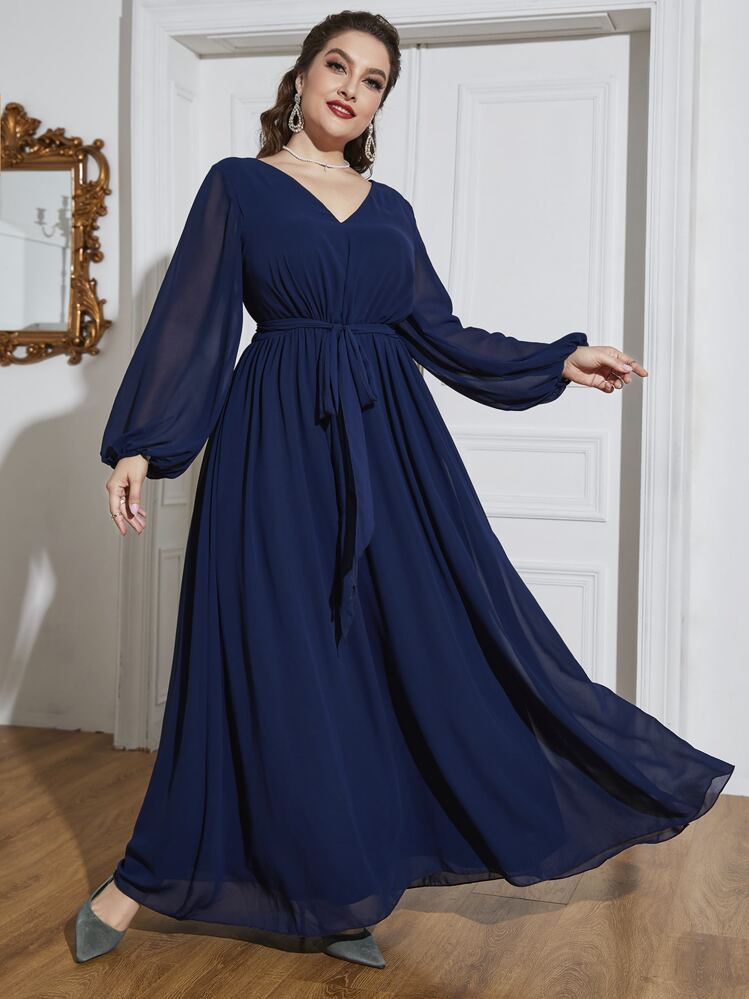Plus Lantern Sleeve Belted Dress - Navy Blue - View 1
