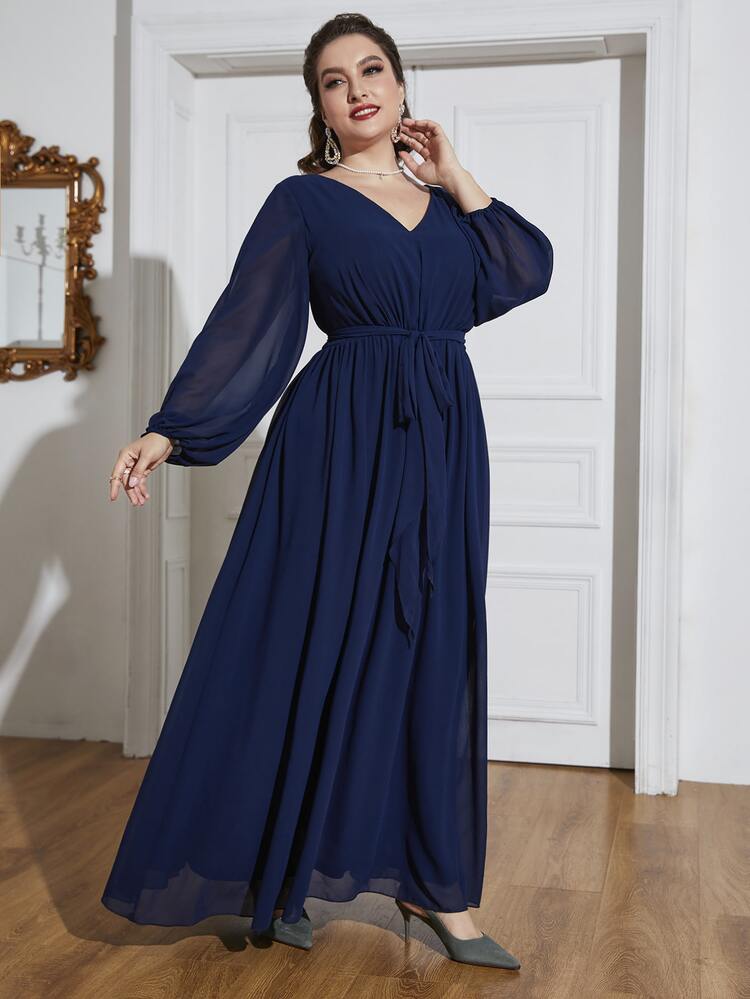 Plus Lantern Sleeve Belted Dress - Navy Blue - View 3