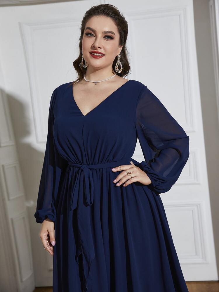 Plus Lantern Sleeve Belted Dress - Navy Blue - View 6