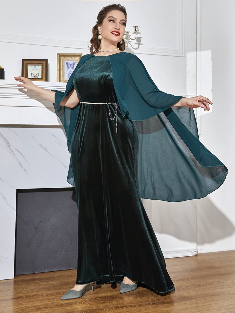 Vestido de fiesta con cinturón de terciopelo - Verde Oscuro - Añade 5