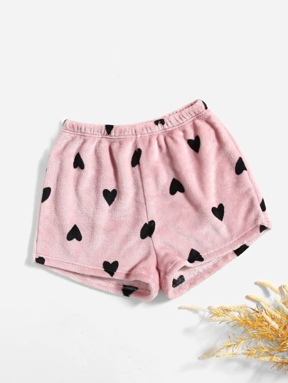 SHEIN Casual Underwear&Sleepwear Heart Print Flannel Fluffy Sleep Shorts, For Fall Winter, Cozy