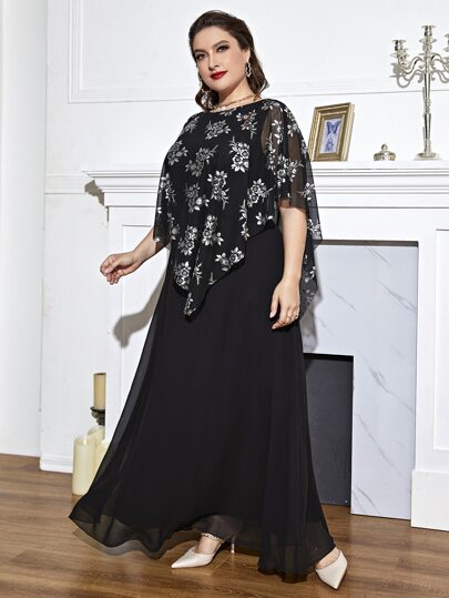 SHEIN LUNE Plus Floral Print Batwing Sleeve Overlay Dress