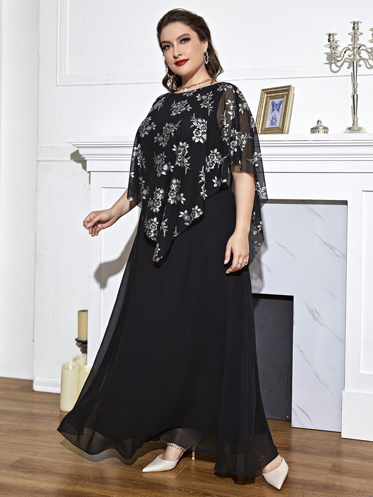 SHEIN LUNE 大碼印花蝙蝠袖覆蓋洋裝 - 黑色 - 查看 1