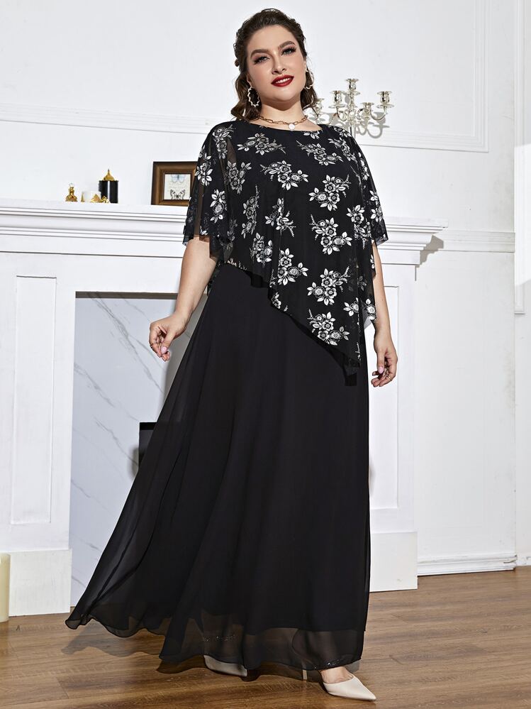 SHEIN LUNE 大碼印花蝙蝠袖覆蓋洋裝 - 黑色 - 查看 4