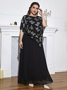 SHEIN LUNE Plus Floral Print Batwing Sleeve Overlay Dress