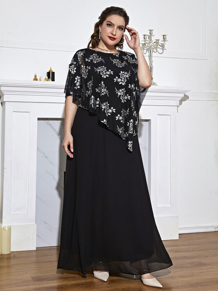 SHEIN LUNE 大碼印花蝙蝠袖覆蓋洋裝 - 黑色 - 查看 5