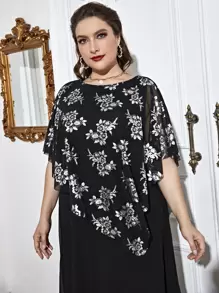 SHEIN LUNE Plus Floral Print Batwing Sleeve Overlay Dress
