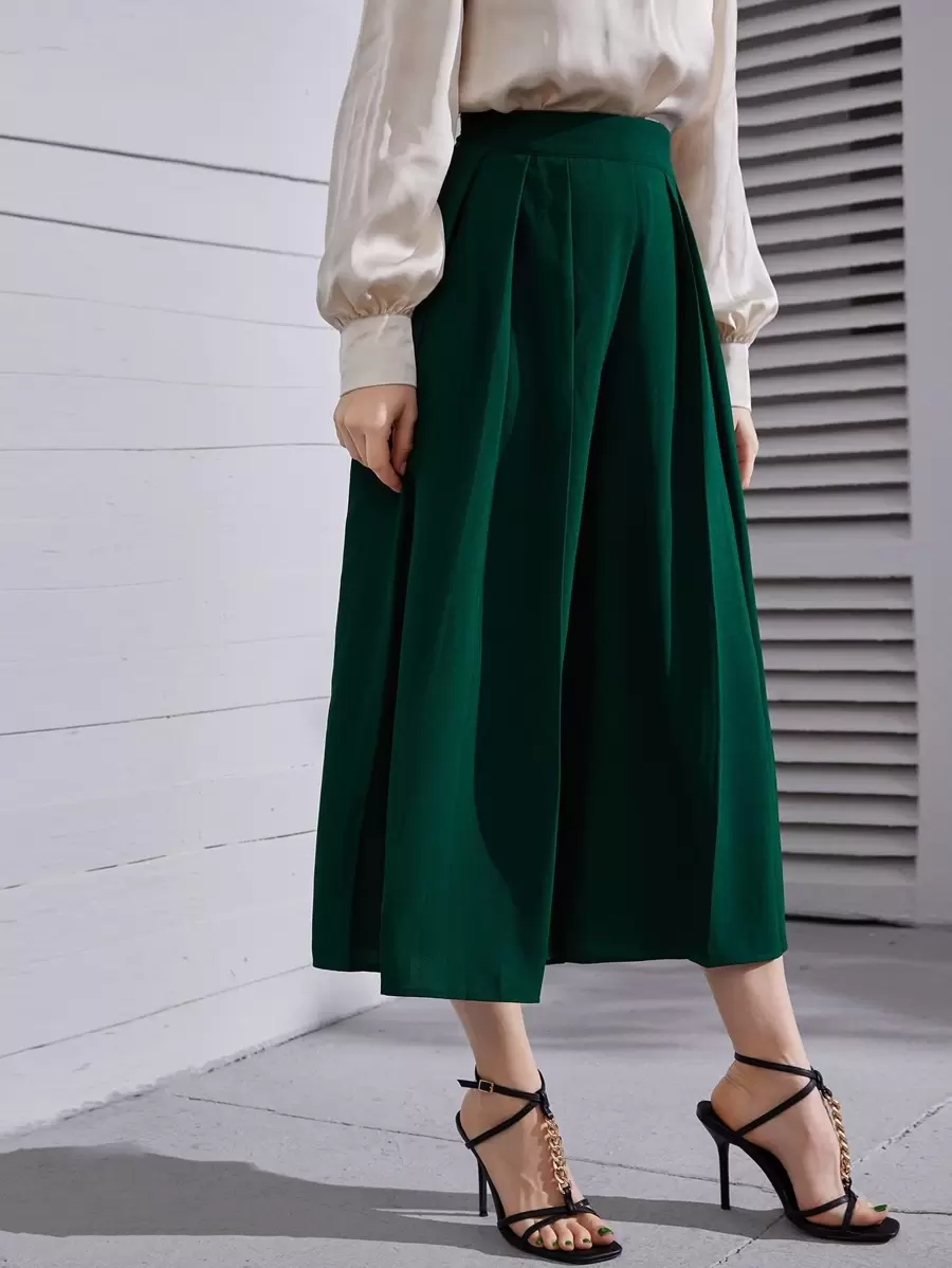 SHEIN Quần nữ Xếp li Dây kéo màu trơn Giải trí - Màu xanh lá cây đậm - Xem 1