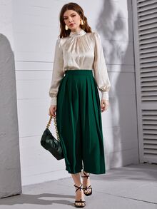 SHEIN Quần nữ Xếp li Dây kéo màu trơn Giải trí - Màu xanh lá cây đậm - Xem 3