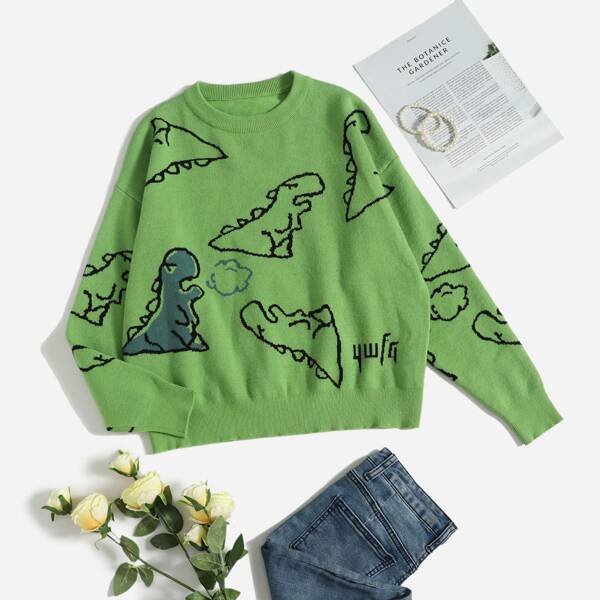

Dinosaur Pattern Drop Shoulder Sweater, Green