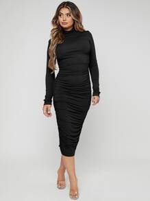SHEIN SXY Mock Neck Ruched Bodycon Dress - Black - View 3