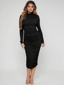 SHEIN SXY Mock Neck Ruched Bodycon Dress - Black - View 5